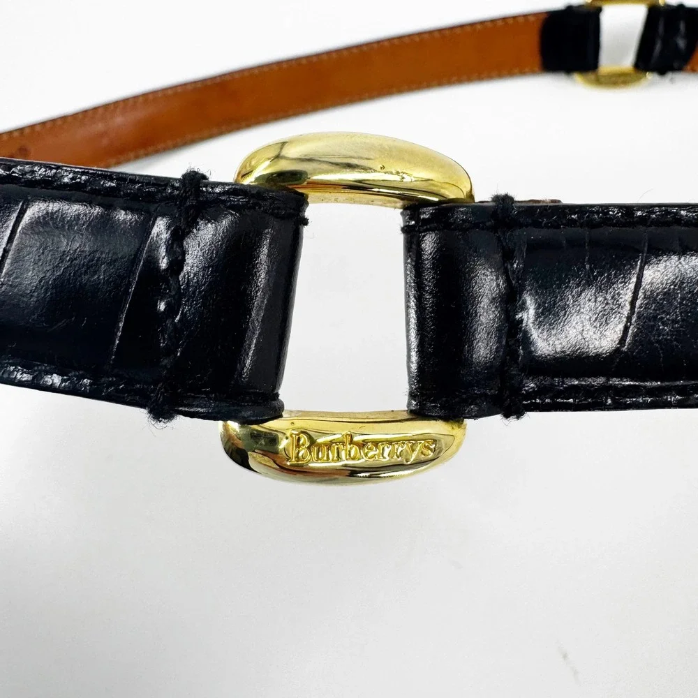 Burberrys of London Vintage Black Croc Embossed Leather Belt Gold Buckle Italy M